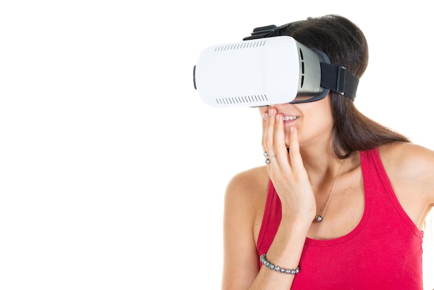 virtual reality glasses worn by a woman with her hand over her mouth
