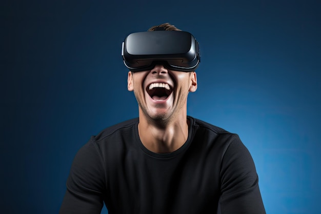 Очки виртуальной реальности Молодой человек, использующий наушники виртуальной действительности Vr Футуристическая технология Генеративная ИИ Иллюстрация