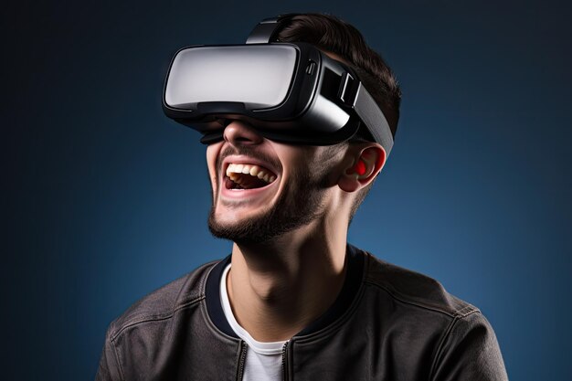 仮想現実のメガネ 仮想 現実のヘッドセットを使用する若者 Vr 未来技術 生成的なAIイラスト