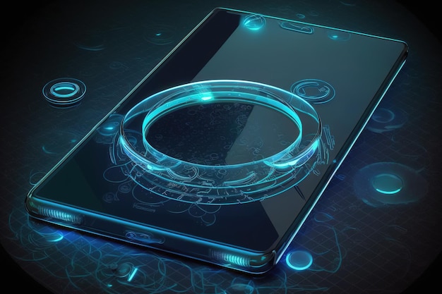 Virtual reality glowing rings circles and blue neon lights are some examples of these Modern glass smartphone with a smooth dark blue surface hanging over the table in perspective view with reflec