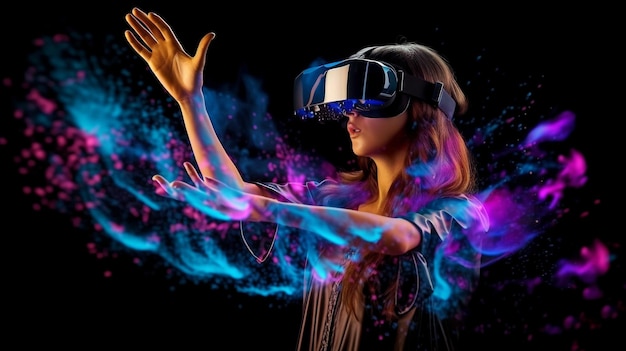 Очки виртуальной реальности, которые носит женщина Цифровые технологии будущего Генеративный ИИ — это метавселенная и игровая концепция