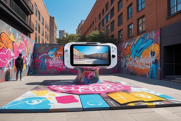 Virtual reality graffiti experience in an urban plaza with AR overlays mockup