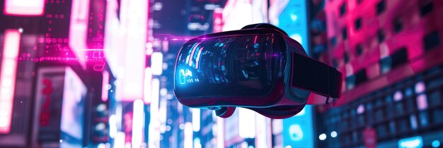 Foto auricolari di realtà virtuale contro le luci del neon della città