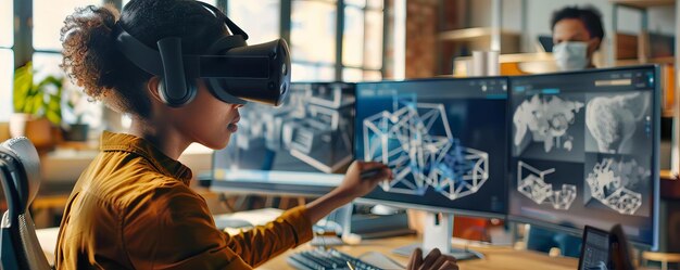 a virtual reality headset user designing 3d models in a shared virtual workspace surrounded by avatars of colleagues