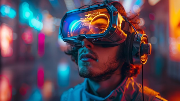 Virtual reality headset or VR glasses on man looking up from virtual simulation Augmented reality or AR helmet Digital computer entertainment technology 3d rendering