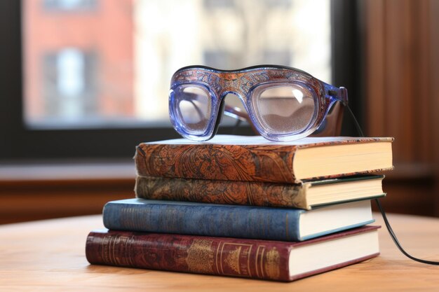 Photo a virtual reality headset with academic books in a blurred background