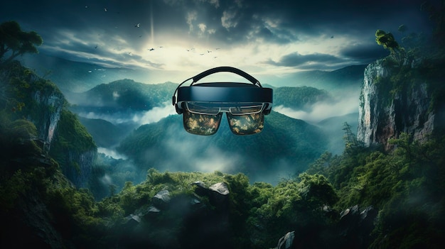 Virtual reality headset with a panoramic view of a majestic mountain landscape