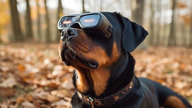 Virtual reality headset worn by a Rottweiler dog Generative AI