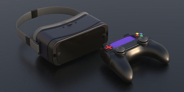 Virtual reality helm video game controller op zwarte achtergrond 3d illustratie