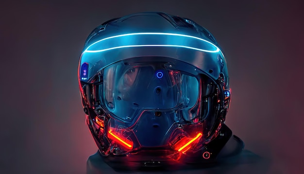 Virtual reality helmet with neon lights on dark background