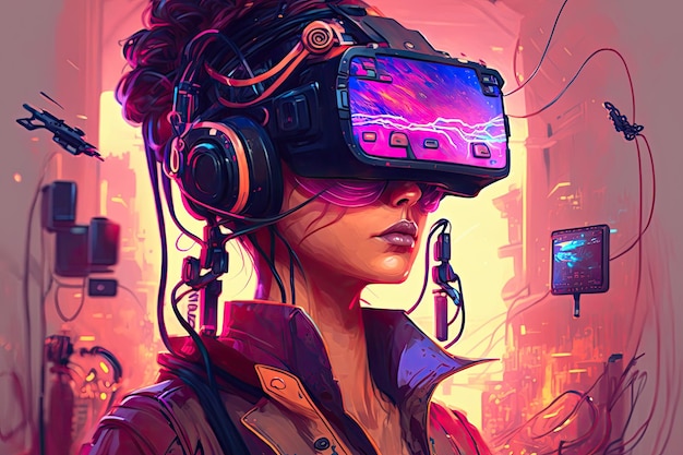 Virtual reality illustratie cyberpunk en metaverse vr simulatie gaming