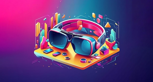 Virtual Reality Isometric Illustration Groovy Cartoon Style Levendige heldere kleuren