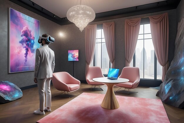 Foto virtual reality kunstveiling ervaring in een futuristische galerie met bieding mockup