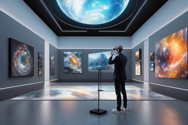 Virtual reality kunstveiling ervaring in een futuristische galerie met biedingen en realtime updates mockup