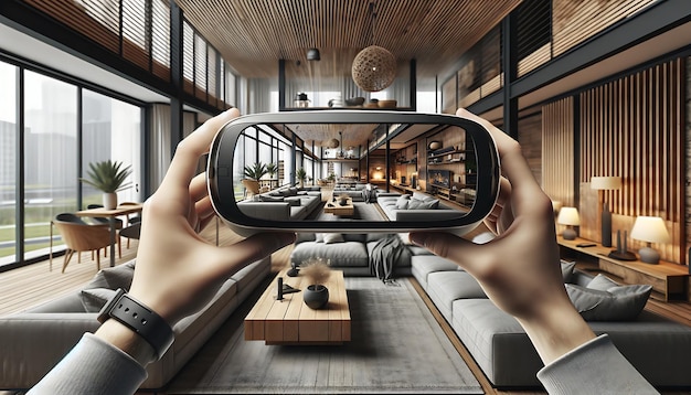 Photo virtual reality mockup display living room interior design vr showing screen mockup