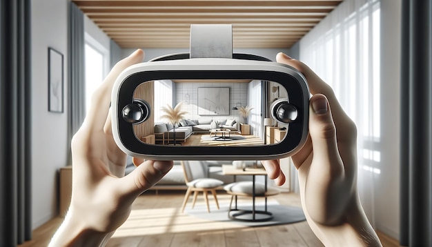 Virtual Reality mockup display living room interior design VR showing screen mockup