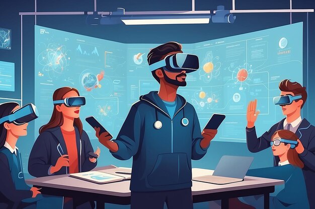 Photo virtual reality science showcase flat vector illustration of student presentations