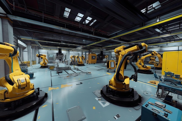 Virtual reality-simulatie van de fabrieksvloer met robots die verschillende taken uitvoeren