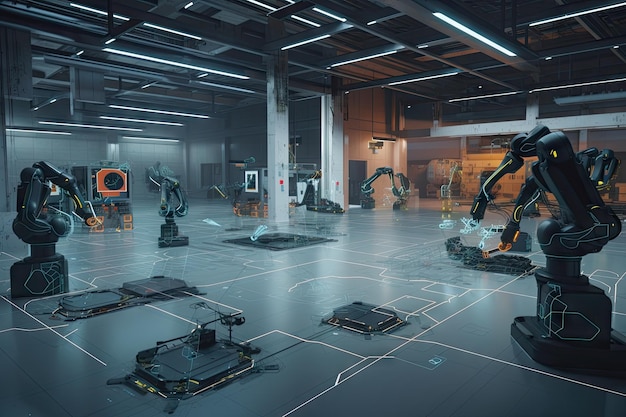 Virtual reality simulation of factory floor with robots performing various tasks