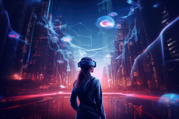 Virtual reality technologie wereld achtergrond met VR of AR headset bril cyberspace Generative Ai