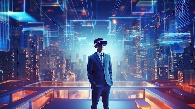 Virtual Reality Technology Concept Business Man en City View AI gegenereerde illustratie