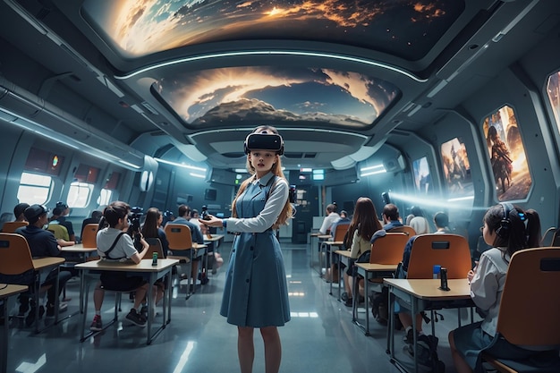 Foto virtual reality-tijdreizen verkennen van de cruciale momenten in de geschiedenis in futuristische klaslokalen