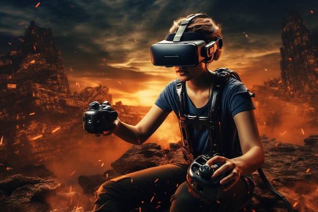 Photo virtual reality the user immersed in the exciting world of games