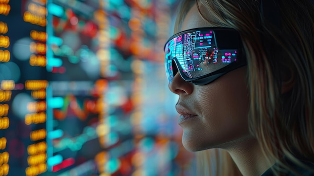 Photo in a virtual reality vr headset or headmounted display hmd glasses the user interacts with the financial dashboard with stock market key performance indicators kpi and business intelligence