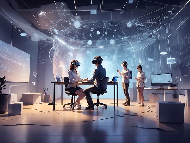 a virtual reality workspace where remote colleagues interact in a shared virtual environment