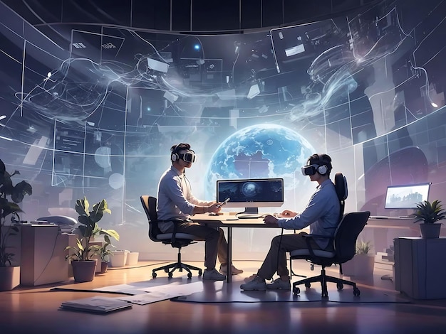 a virtual reality workspace where remote colleagues interact in a shared virtual environment