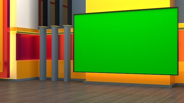 グリーンスクリーン3Dレンダリングニューススタジオを備えたバーチャルセットスタジオ