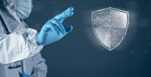 Virtual shield from the network cyber security concept doctor clicks on the screen