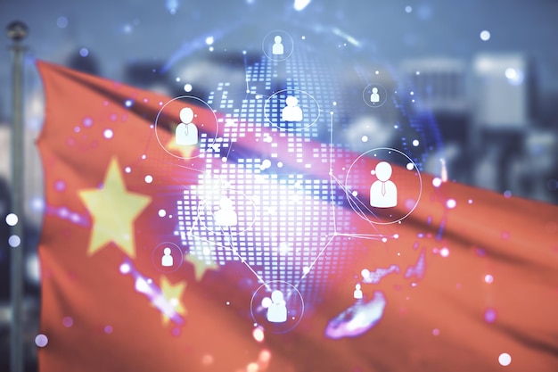 Virtual social network hologram and world map on Chinese flag and city background Multiexposure