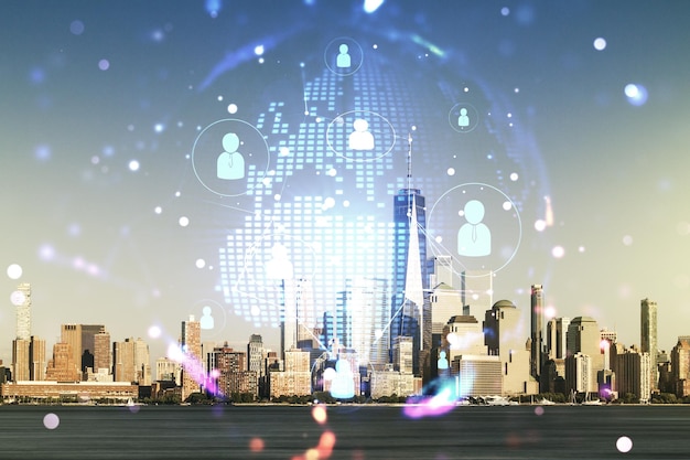 Virtual social network media hologram and world map on New York cityscape background Double exposure