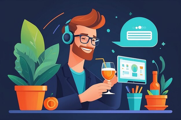 Virtual team happy hour vector flat style enjoyment illustration