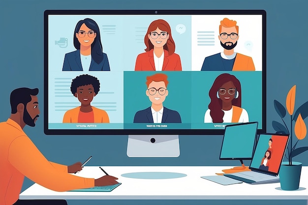 Virtual Team Meeting Flat Vector Illustration with Diverse Colleagues on Video Call