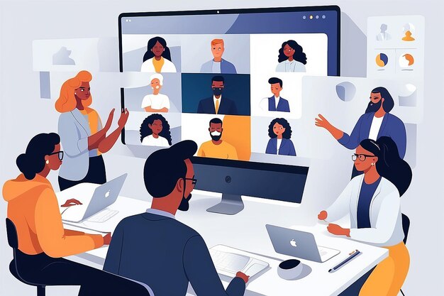 Virtual Team Meeting Flat Vector Illustration with Diverse Colleagues on Video Call