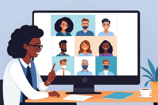 Virtual Team Meeting Flat Vector Illustration with Diverse Colleagues on Video Call