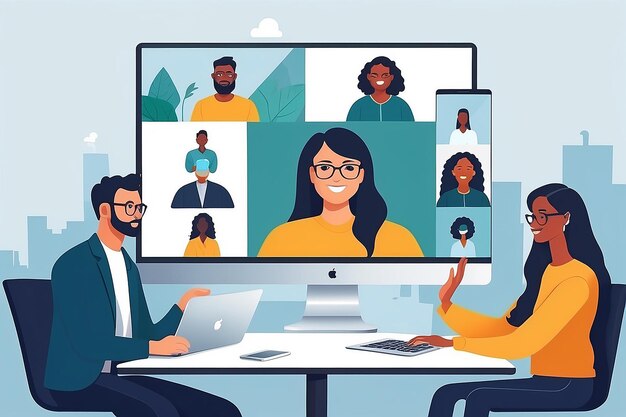 Photo virtual team meeting vector diverse colleagues video call illustration