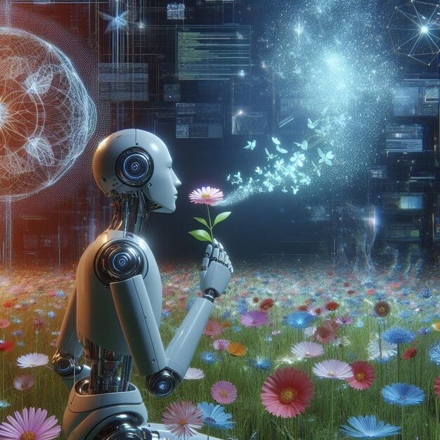 virtual tranquility a robot explores scents and holographic beauty in a futuristic wildflower expe