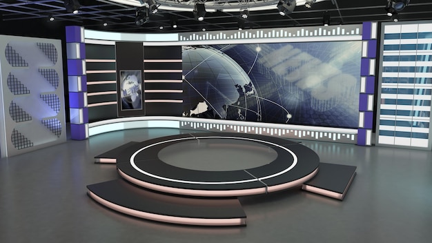 Photo virtual tv studio news set . green screen background. 3d rendering.