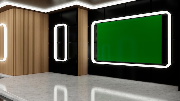 녹색 화면 3d 렌더링이 있는 가상 TV 스튜디오