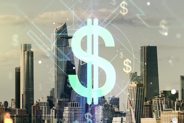 Virtual usd symbols illustration on new york city skyline background trading and currency concept mu