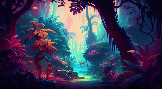 Virtual vibrant jungle forest Neoncolored fairy river Generative AI