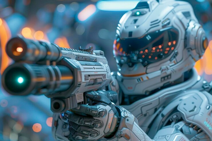 Photo virtual warfare immersive fps game walkthrough on spaceship battle against flying robots in popular esports tournament live stream