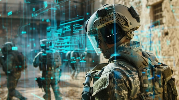 Photo in a virtual warzone soldiers utilize vr technology to survey the area and gather information as