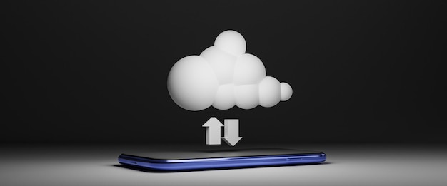 Foto il cloud computing bianco virtuale sul telefono cellulare con la freccia per condividere i dati delle informazioni tramite caricamento e download passa attraverso il concetto di sistema di cloud computing tramite rendering 3d