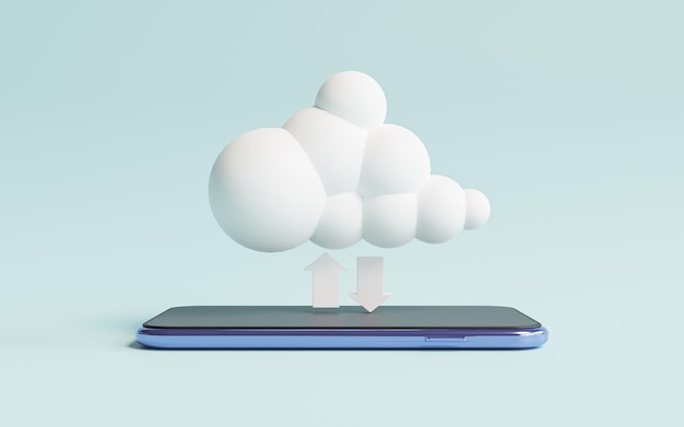 Foto virtual white cloud computing su telefono cellulare con freccia per condividere i dati delle informazioni caricando e scaricando il passaggio attraverso il concetto di sistema di cloud computing