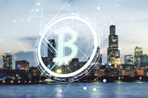 Virtueel Bitcoin-hologram op de horizonachtergrond van Chicago Multiexposure