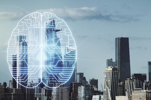 Virtueel creatief kunstmatig intelligentiehologram met menselijke hersenenschets op de achtergrond van de de stadshorizon van New York